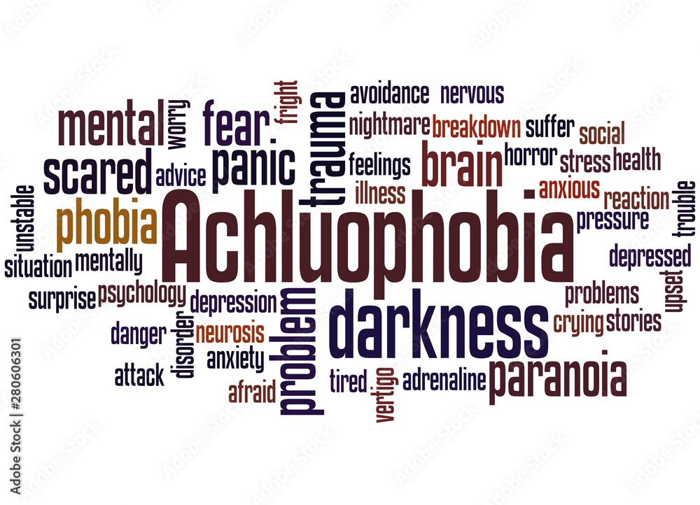 Achluophobia fear of darkness word cloud concept Achluophobia fear of darkness word cloud concept