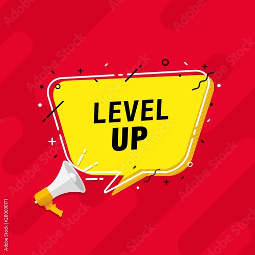 Vector illustration of loudspeaker with phrase 'level up' in speech bubble. Modern banner for business, marketing and advertising concept
