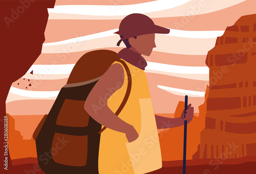 man with backpack hiking wanderlust