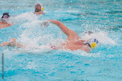 Athletes swimming freestyle on a swimming pool