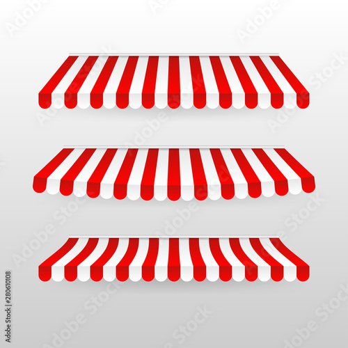 Red and white sunshade. Outdoor awnings for cafe and shop window isolated vector set. Tent sunshade for market, stripe summer scallop for store illustration