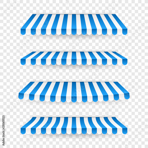 Blue and white sunshade. Outdoor awnings for cafe and shop window isolated vector set. Tent sunshade for market, stripe summer scallop for store illustration