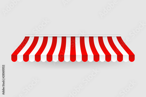 Red and white sunshade. Outdoor awnings for cafe and shop window isolated vector set. Tent sunshade for market, stripe summer scallop for store illustration