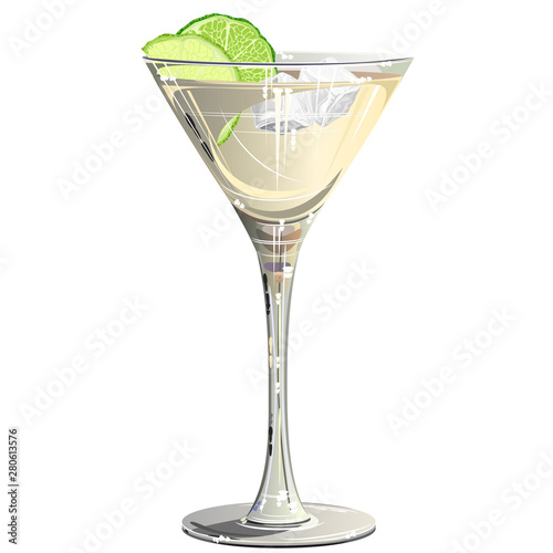Daiquiri cocktail in glass with lime and ice. Realistic vector illustration isolated on white background.