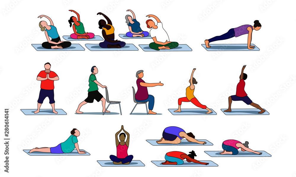 People of all ages, genders, sizes, and ethnicities practicing yoga People of all ages, genders, sizes, and ethnicities practicing yoga