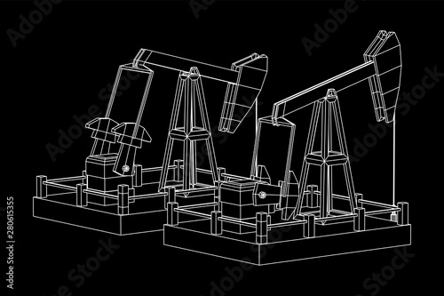 Oil well rig jack. Finance economy polygonal petrol production. Petroleum fuel industry pumpjack derricks pumping drilling. Wireframe low poly mesh vector illustration
