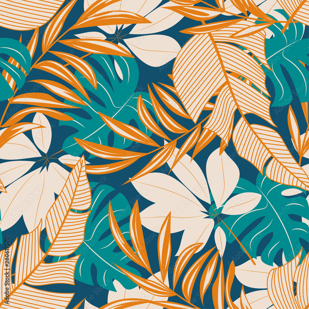 Abstract seamless pattern with colorful tropical leaves and flowers on a pastel background. Vector design. Jungle print. Floral background. Printing and textiles. Exotic tropics. Summer design.