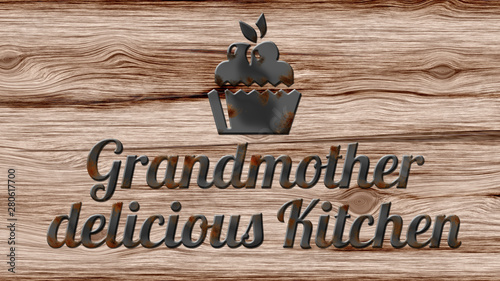 Grandmother delicious kitchen - wooden board with rusty metal font and vegetable dish symbol photo