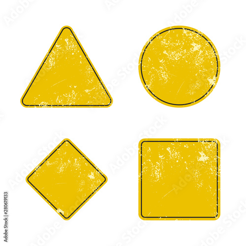 Grunge vector set of warning sign templates. 4 empty yellow black backgrounds with place for your text. Illustration consists of triangle, rhombus, circle, square with frames. Fully editable file.