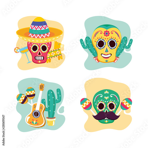 sugar skulls set decoration party celebration viva mexico