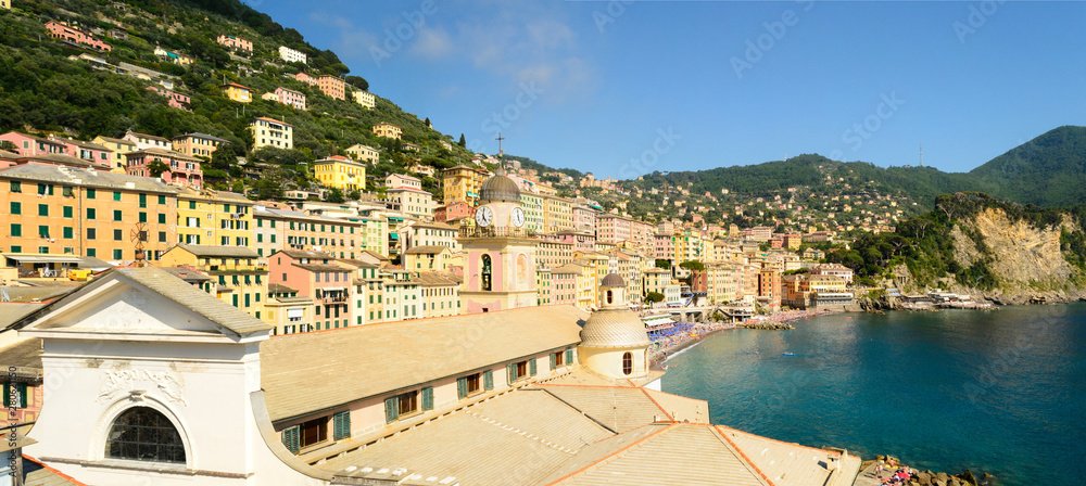 Landscape view of the little city and beach of Camogli in the mediterranean coast of Liguria in Italy