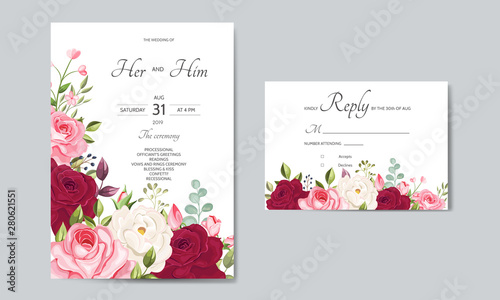 beautiful wedding invitation card template with floral leaves