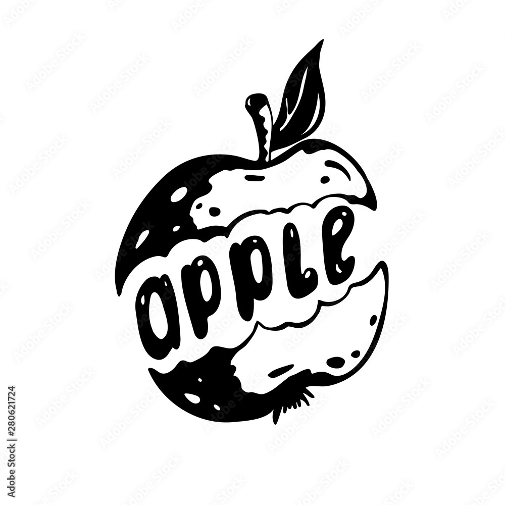 Graphic black and white apple on white background with inscription apple inside. Great illustration for food design. Graphic black and white apple on white background with inscription apple inside. Great illustration for food design.