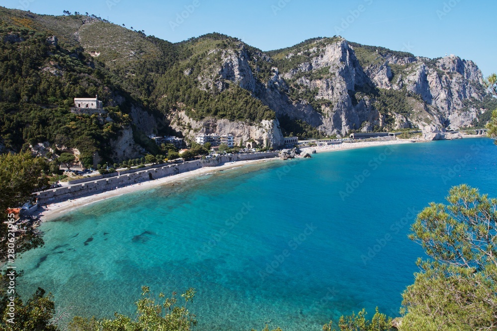 Panoramic view of Baia dei Saraceni from punta Crena. One of the best beach along the Liguria coastline, Italy