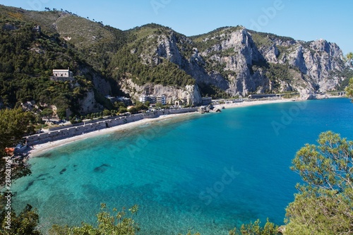 Fototapeta Naklejka Na Ścianę i Meble -  Panoramic view of Baia dei Saraceni from punta Crena. One of the best beach along the Liguria coastline, Italy
