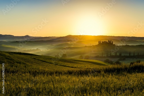 Sunrise, landscape with farmhouse and cypress trees, near San Quirico d'Orcia, Val d'Orcia, Province of Siena, Tuscany, Italy, Europe