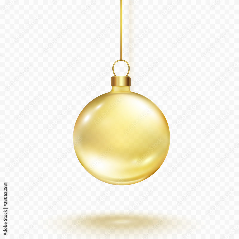 Christmas ball with ribbon isolated on transparent background. Gold xmas tree toy. Vector golden glass bauble template.