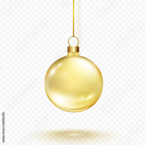 Christmas ball with ribbon isolated on transparent background. Gold xmas tree toy. Vector golden glass bauble template.