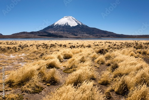 Volcano Parinacota, altitude 6348m, Lake Chungar·, Lauca National Park, Putre, Parinacota province, RegiÛn de Arica y Parinacota, Chile, South America photo