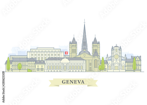 Geneva, Switzerland - old town, city panorama with landmarks of Geneva