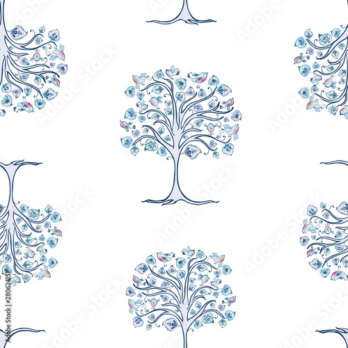 Seamless pattern of decorative frozen trees with bullfinches
