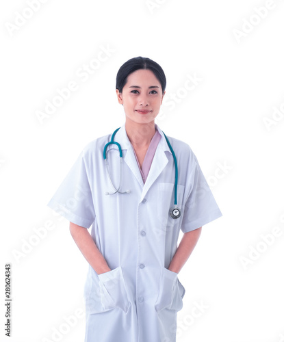 Portrait of Asian young woman doctor in uniform and stethoscope on neck. thinking and looking at camera with smiling isolated on white background. concept healthcare and medicine.