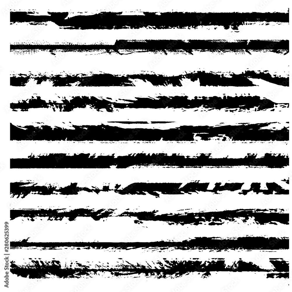A set of grunge brushes. Black ragged stripes on white background. Abstract stains from paint roller