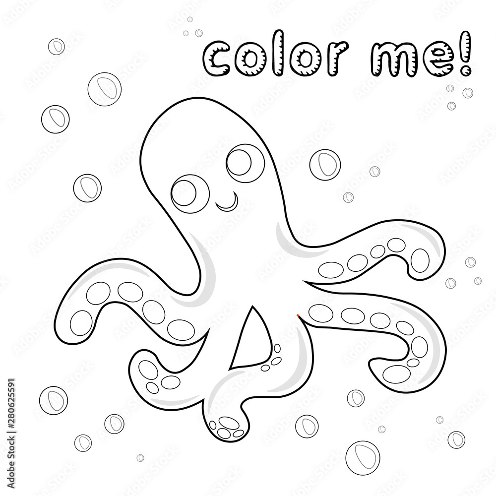Outline octopus. Coloring page. Black and white octopus cartoon character.  Vector illustration isolated on white background. marine animals coloring  book. Game for kids. Stock Vector | Adobe Stock