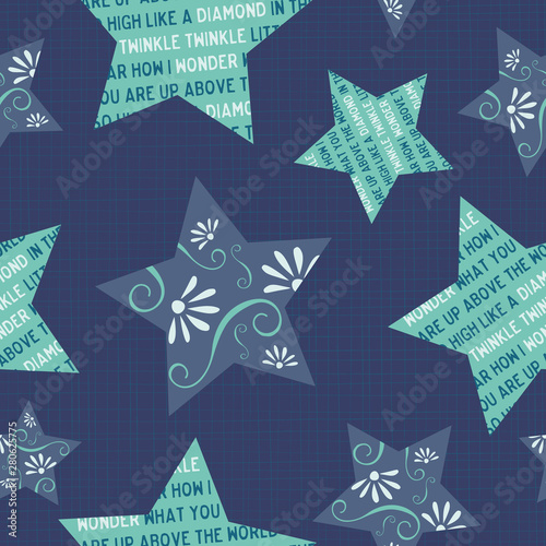 Twinkle little star seamless pattern. Large stars on a dark blue textured background. Adorable design with the rhyme's words in the star shapes. For textiles, nursery decor, pajamas or wallpaper. 