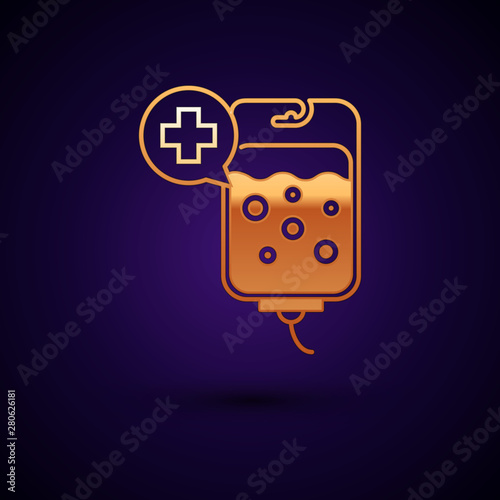 Gold IV bag icon isolated on dark blue background. Blood bag icon. Donate blood concept. The concept of treatment and therapy, chemotherapy. Vector Illustration