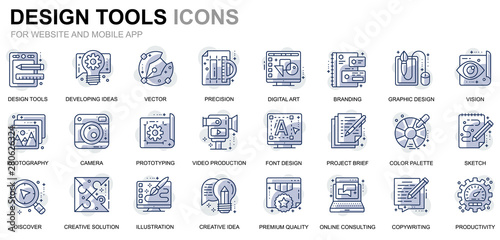 Simple Set Design Tools Line Icons for Website and Mobile Apps. Contains such Icons as Creative, Developing, Precision, Vision, Sketch. Conceptual color line icon. Vector pictogram pack.
