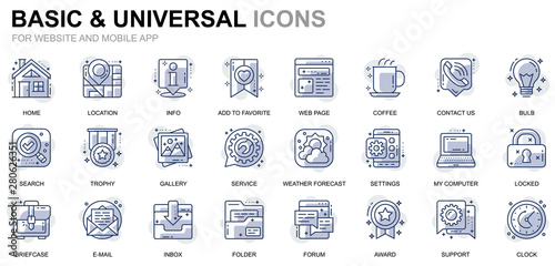 Simple Set Basic Line Icons for Website and Mobile Apps. Contains such Icons as Location, Briefcase, Lamp, Support, Business, Award. Conceptual color line icon. Vector pictogram pack.