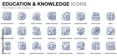 Simple Set Education and Knowledge Line Icons for Website and Mobile Apps. Contains such Icons as Studying, School, Graduation, E-Book. Conceptual color line icon. Vector pictogram pack.