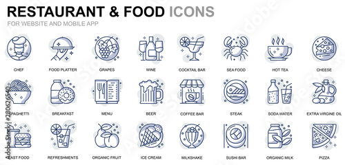 Simple Set Restaurant and Food Line Icons for Website and Mobile Apps. Contains such Icons as Fast Food, Menu, Organic Fruit, Coffee Bar. Conceptual color line icon. Vector pictogram pack.