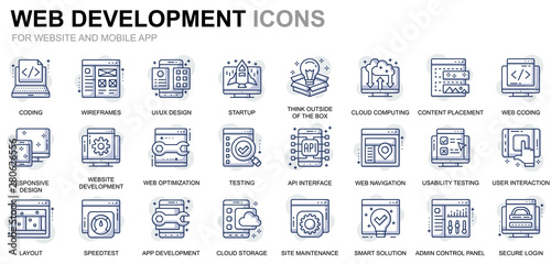 Simple Set Web Disign and Development Line Icons for Website and Mobile Apps. Contains such Icons as Coding, App Development, Usability. Conceptual color line icon. Vector pictogram pack.