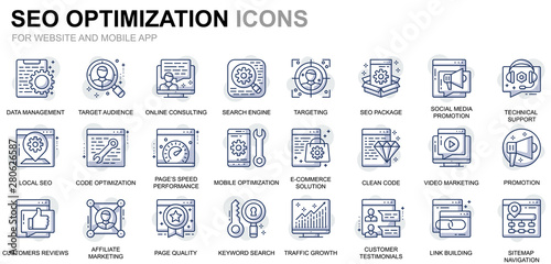 Simple Set Seo and Web Optimization Line Icons for Website and Mobile Apps. Contains such Icons as Target, Marketing, Traffic Growth. Conceptual color line icon. Vector pictogram pack.