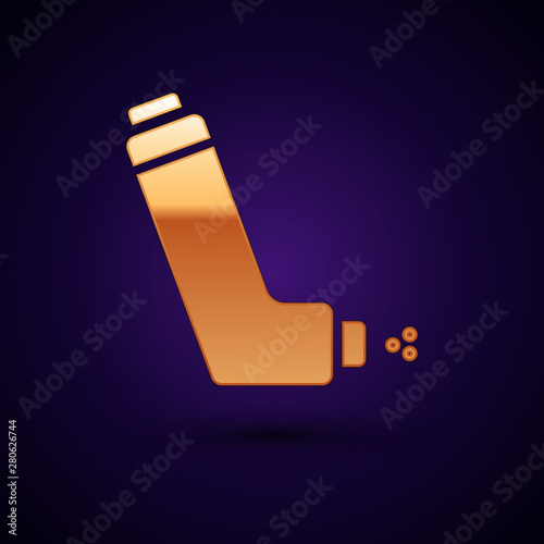 Gold Inhaler icon isolated on dark blue background. Breather for cough relief, inhalation, allergic patient. Medical allergy asthma inhaler spray. Vector Illustration