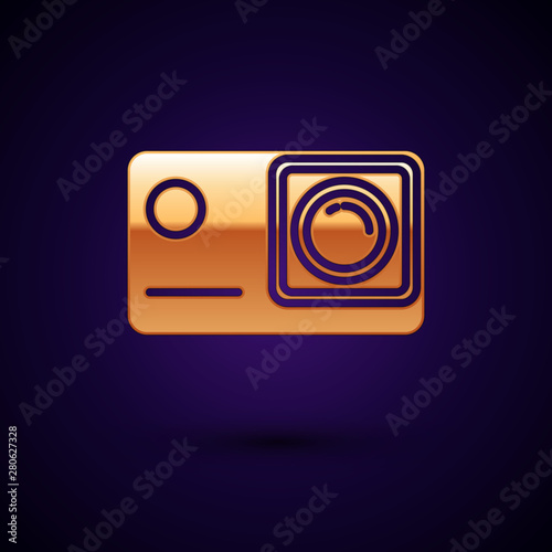 Gold Action extreme camera icon isolated on dark blue background. Video camera equipment for filming extreme sports. Vector Illustration