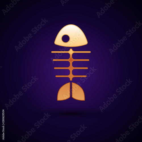 Gold Fish skeleton icon isolated on dark blue background. Fish bone sign. Vector Illustration