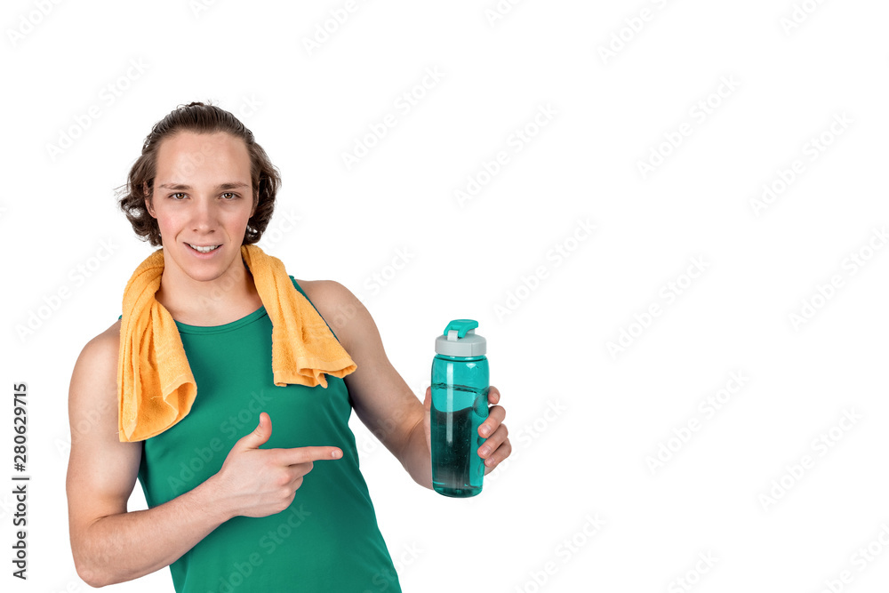 Handsome young man in sport shirt lifting dumbbell and bottle of water. White background isolated Handsome young man in sport shirt lifting dumbbell and bottle of water. White background isolated