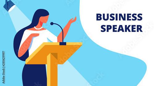 Woman Business Speaker on Podium Reads Report.