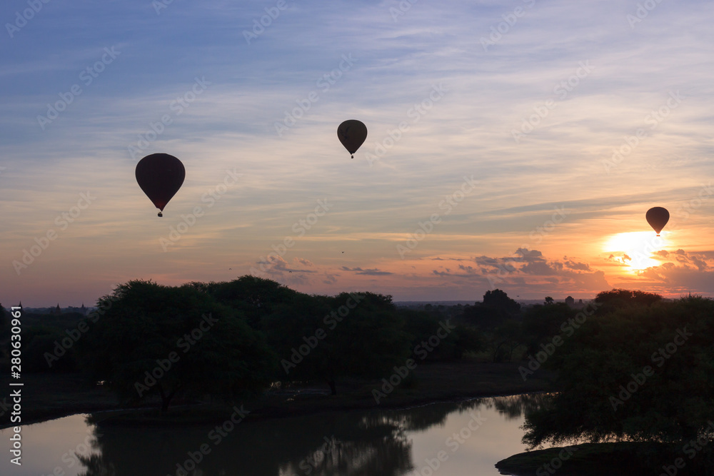 Hot Air Balloons at dawn over the temples of Bagan, Myanmar