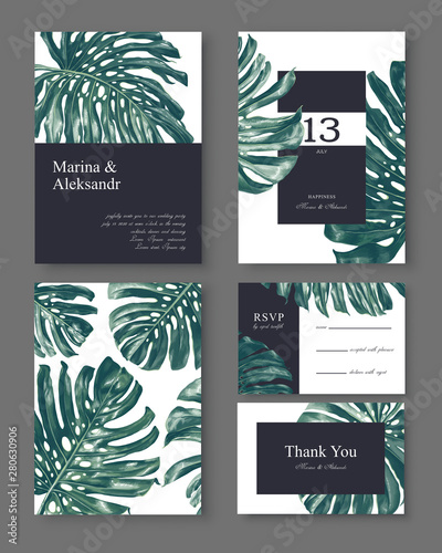 Botanical wedding invitation card. Template design with monstera leaves. Hand drawn, tropical botanical design in realistic style.  Collection of Save the Date and RSVP in vector EPS.