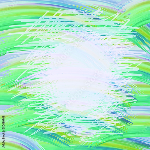 Background frame for inscriptions careless chaotic lines brush spring green and blue color, erased gum place in the center