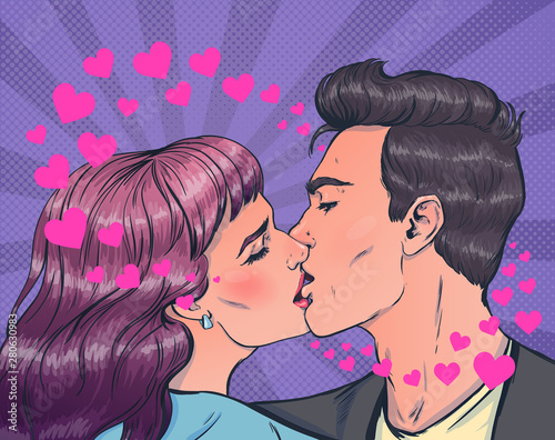 Romantic vector illustration in pop art style on love story theme. Couple in love and kiss each other. Hearts fly around them, it's magic of love. People admit each other in love. Valentine's Day. 