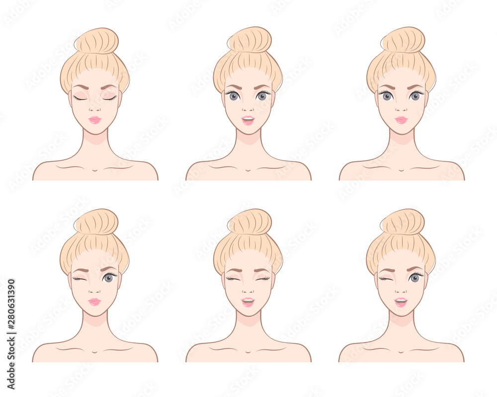 Skin care. Pretty Blonde Girl with different facial expressions. Set of woman's emotions. Vector illustration of cartoon style Skin care. Pretty Blonde Girl with different facial expressions. Set of woman's emotions. Vector illustration of cartoon style