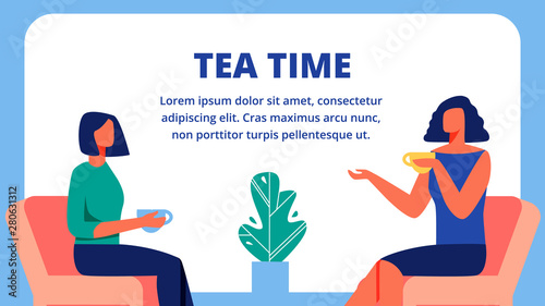 Women Sit on Opposite Each Other with Cups. Vector