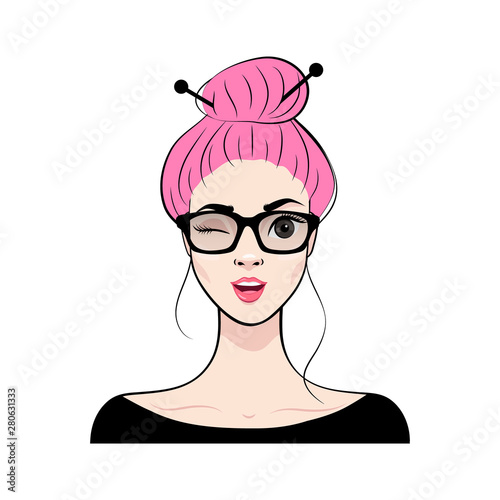 Cute fashion girl. Wink. Avatar. Vector illustration in cartoon style
