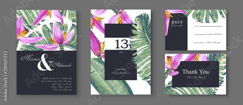 Botanical wedding invitation card. Trendy template design with pink tropical flowers of banana grass. Collection of Save the Date and RSVP in vector EPS. Template for poster, flyer, brochur, cover.