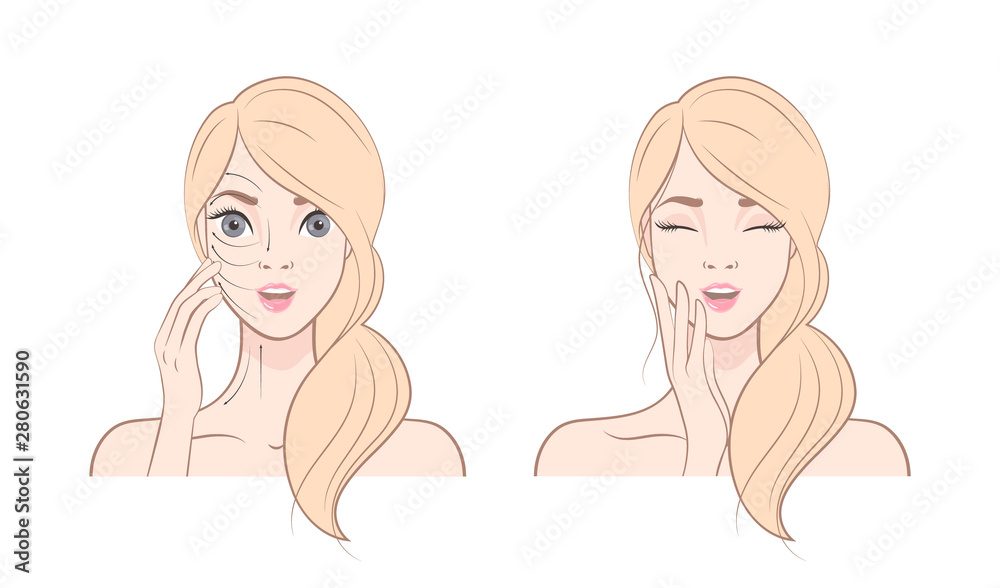 How to apply cream to the face and neck. Relaxing techniques. Vector illustration of massage lines on woman face. How to apply cream to the face and neck. Relaxing techniques. Vector illustration of massage lines on woman face.